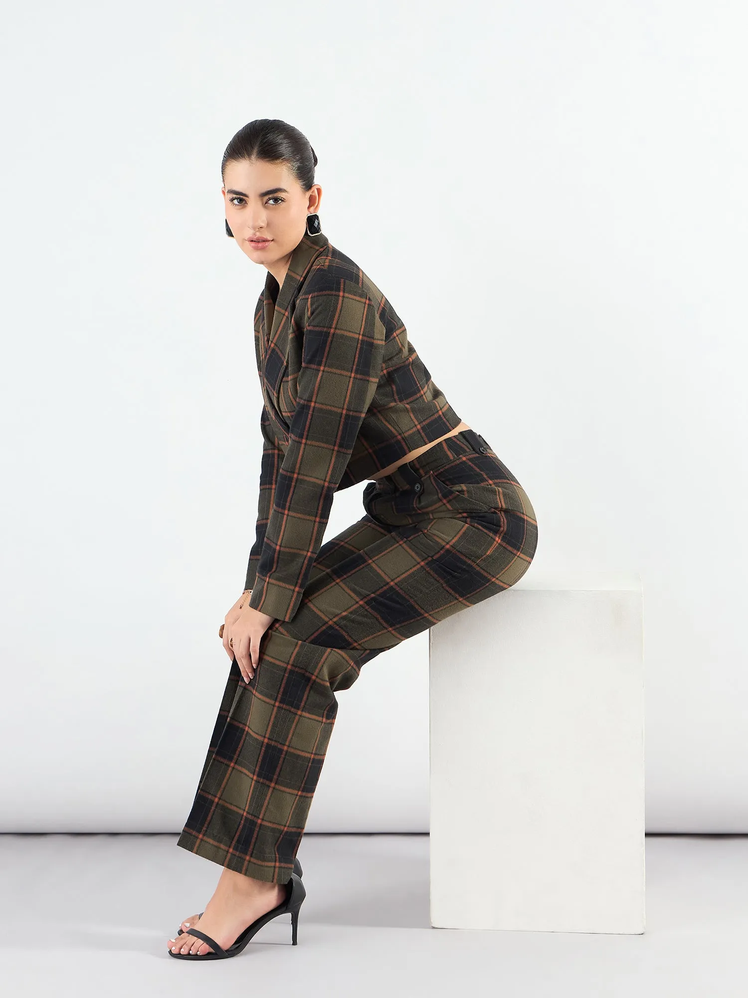 Green Polyester Checkered Warm Crop Blazer & Trouser