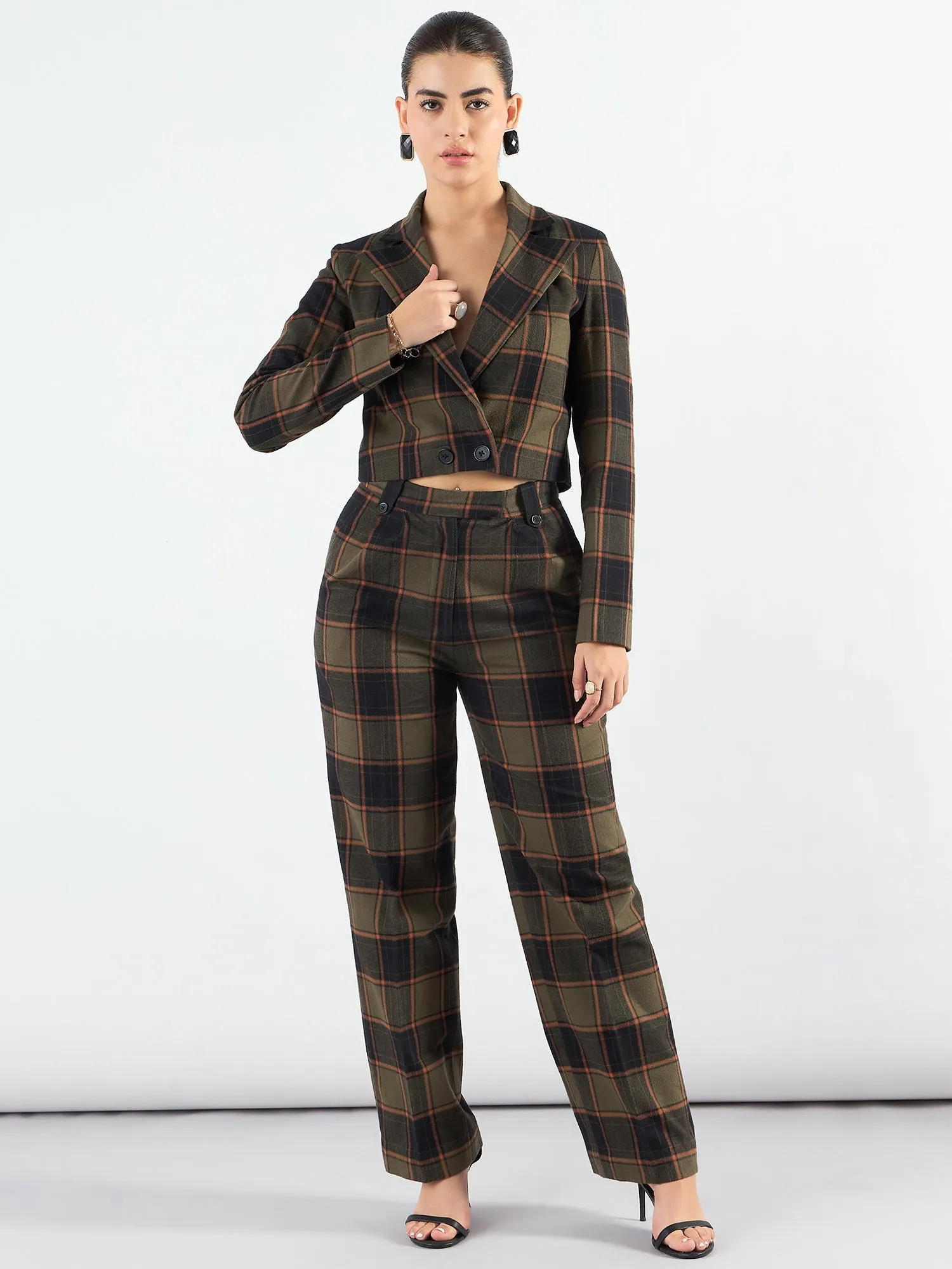 Green Polyester Checkered Warm Crop Blazer & Trouser