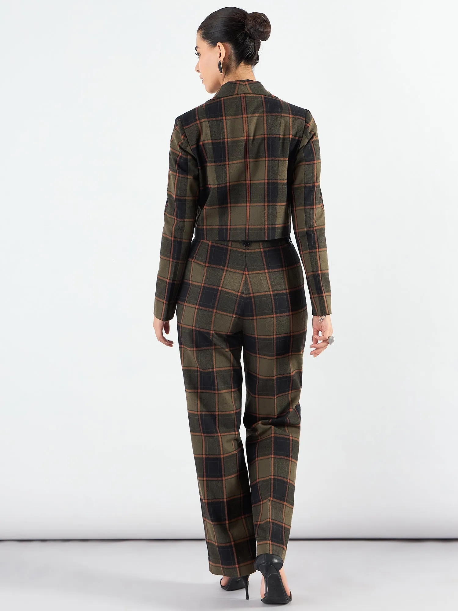 Green Polyester Checkered Warm Crop Blazer & Trouser