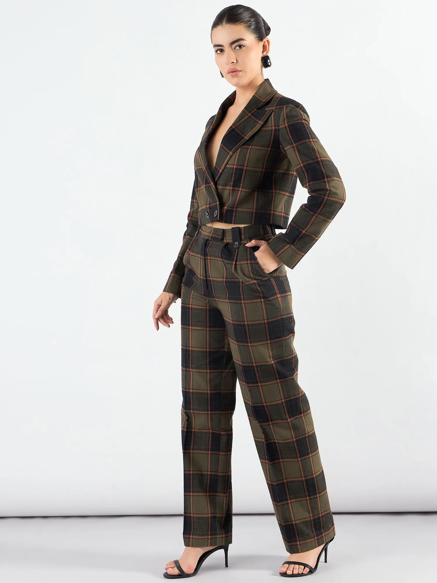 Green Polyester Checkered Warm Crop Blazer & Trouser