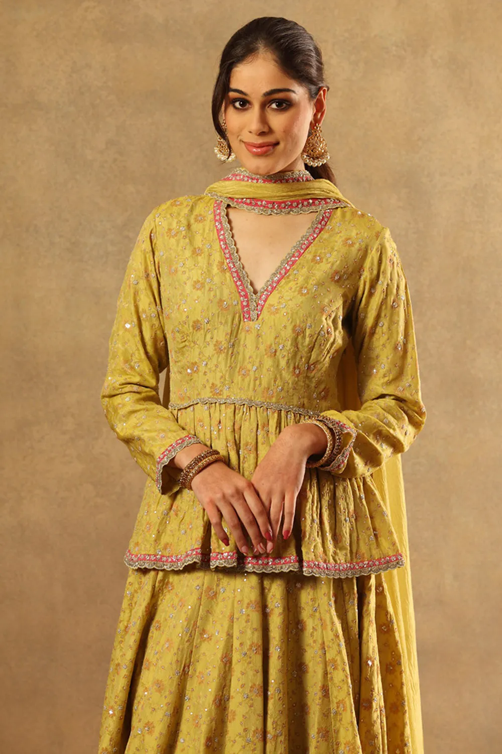 Handwoven Lemon Green Pure Silk Georgette Embroidered Sharara Set