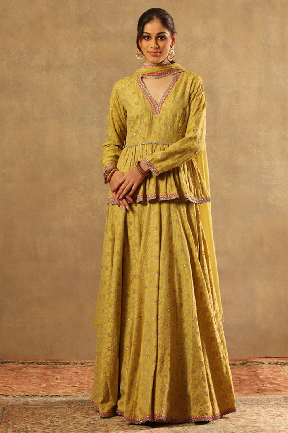 Handwoven Lemon Green Pure Silk Georgette Embroidered Sharara Set