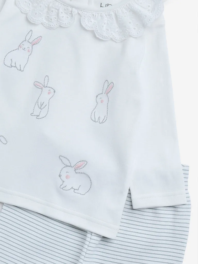 HOP Baby White Animal Design Cotton Top with Pants Set