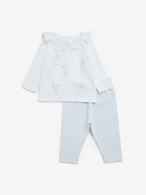 HOP Baby White Animal Design Cotton Top with Pants Set