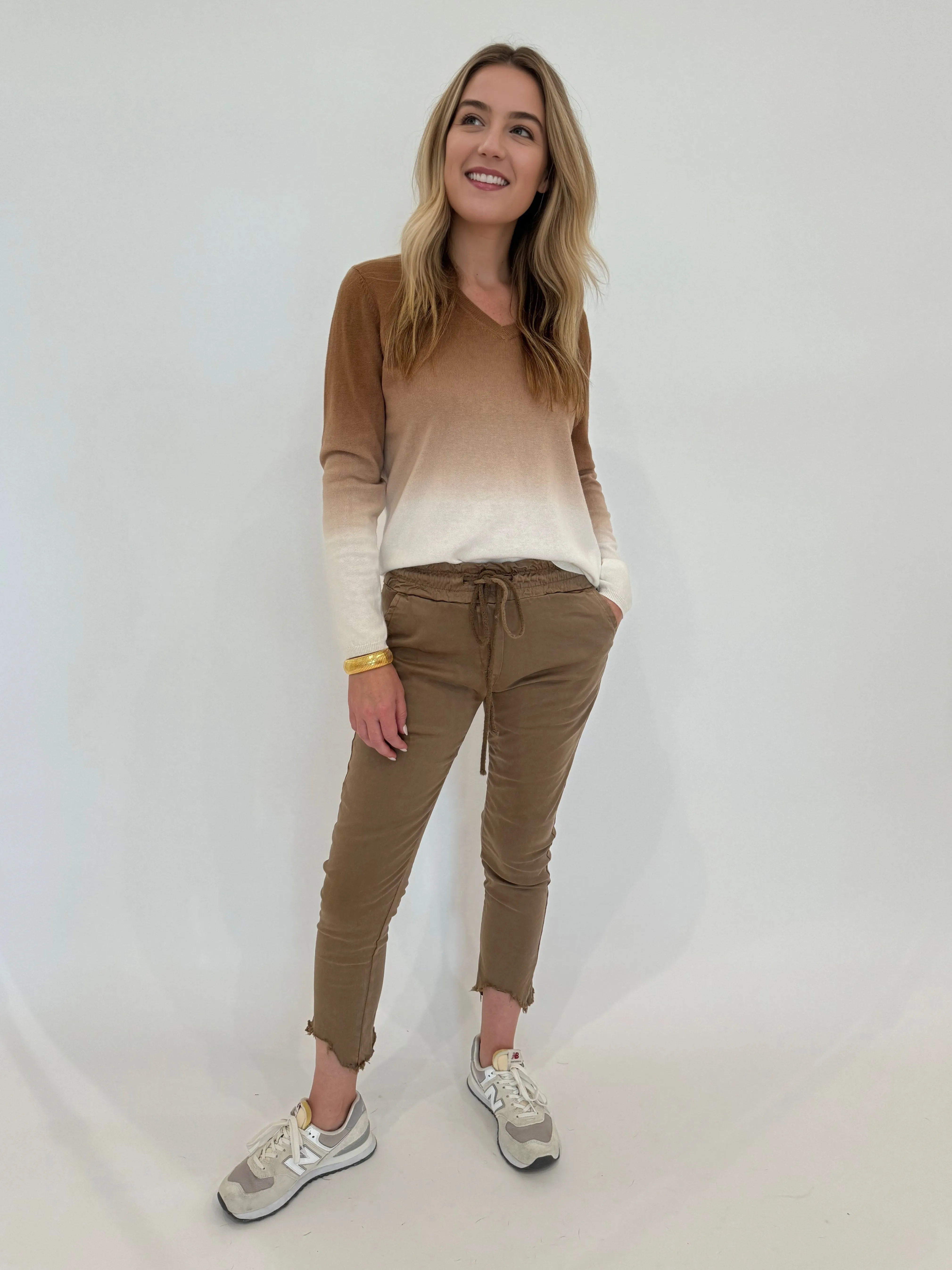 Kylie Distressed Fringe Hem Crinkle Jogger - Camel