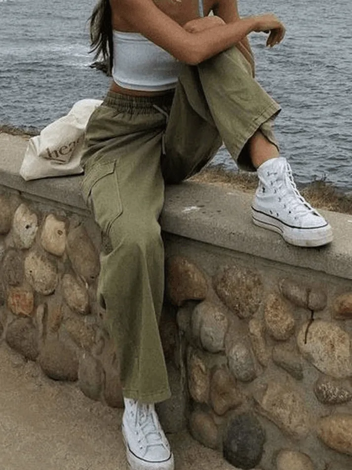 LANFUBEISI - Washed Pocket Straight Leg Pants