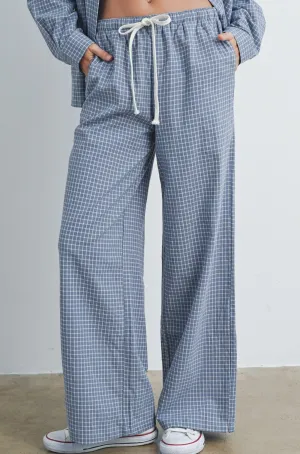 Lets Stay In Drawstring Check Pants in Dusty Blue