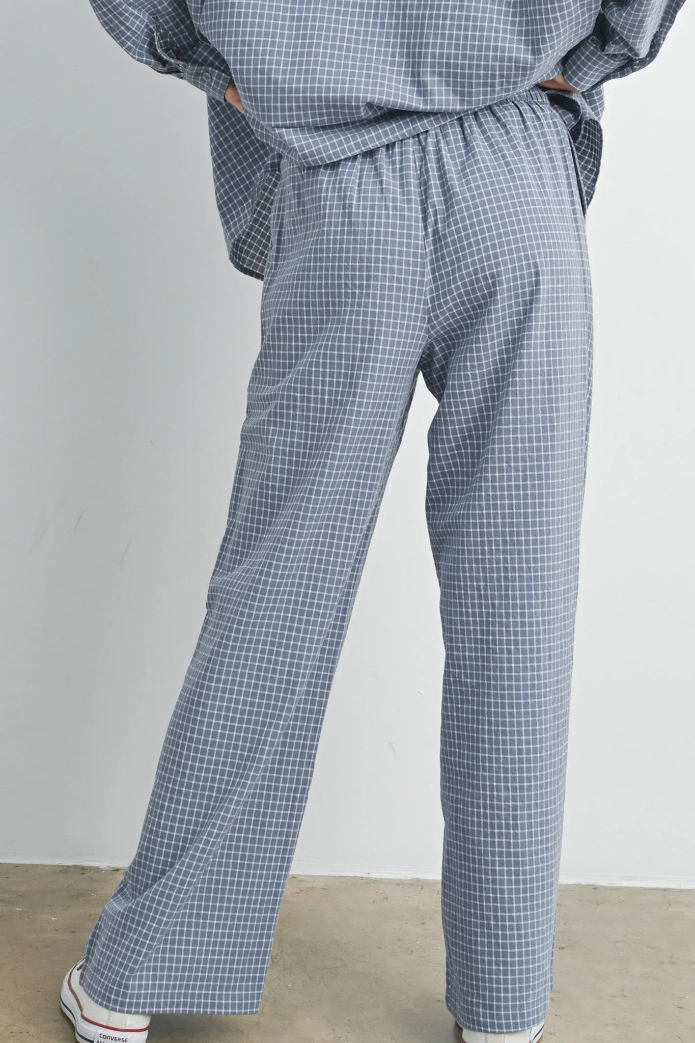 Lets Stay In Drawstring Check Pants in Dusty Blue