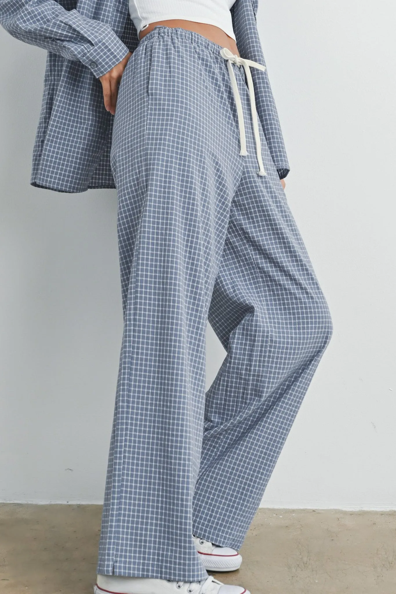 Lets Stay In Drawstring Check Pants in Dusty Blue