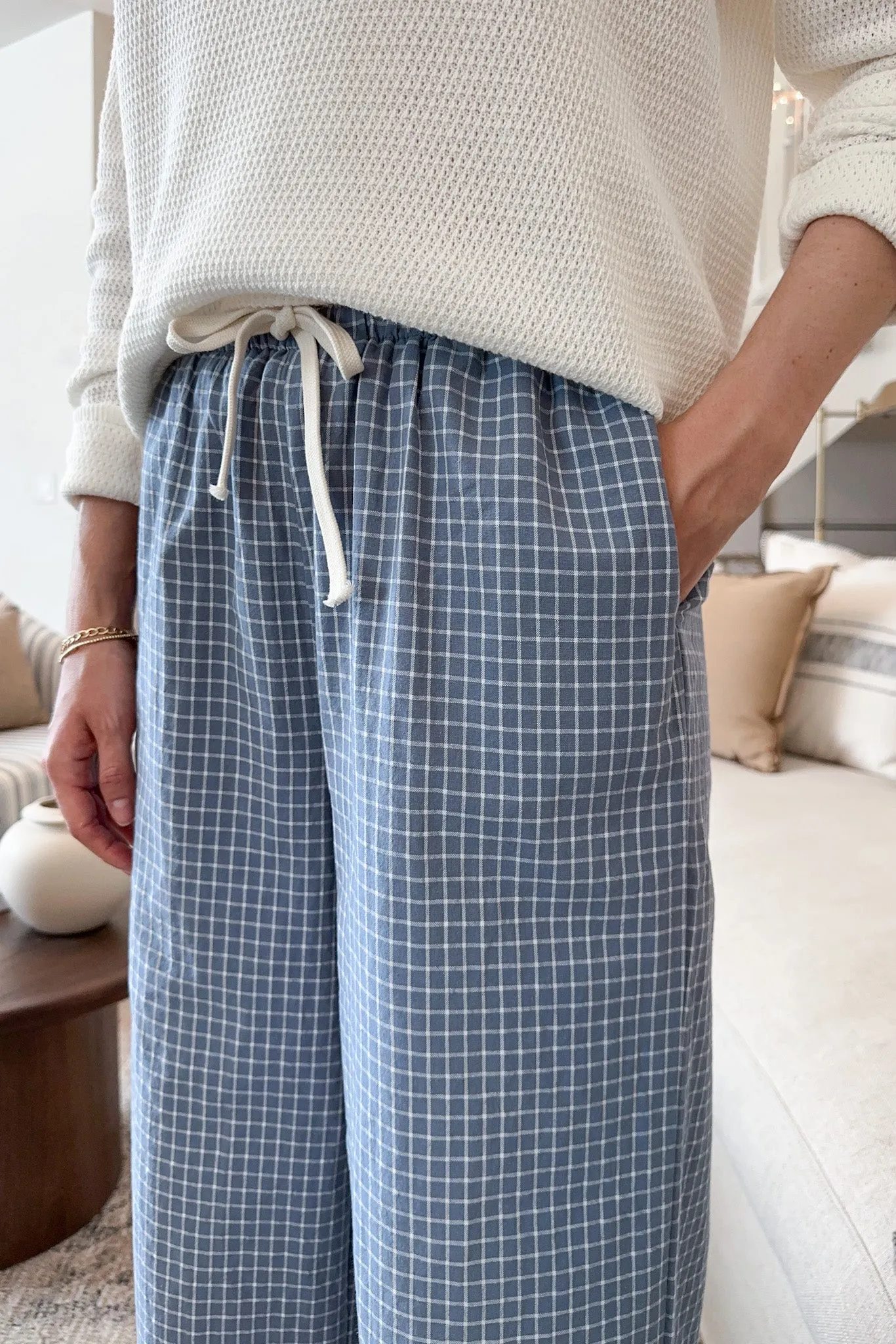Lets Stay In Drawstring Check Pants in Dusty Blue