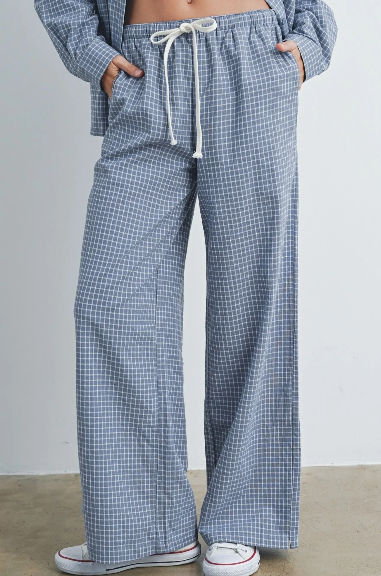 Lets Stay In Drawstring Check Pants in Dusty Blue