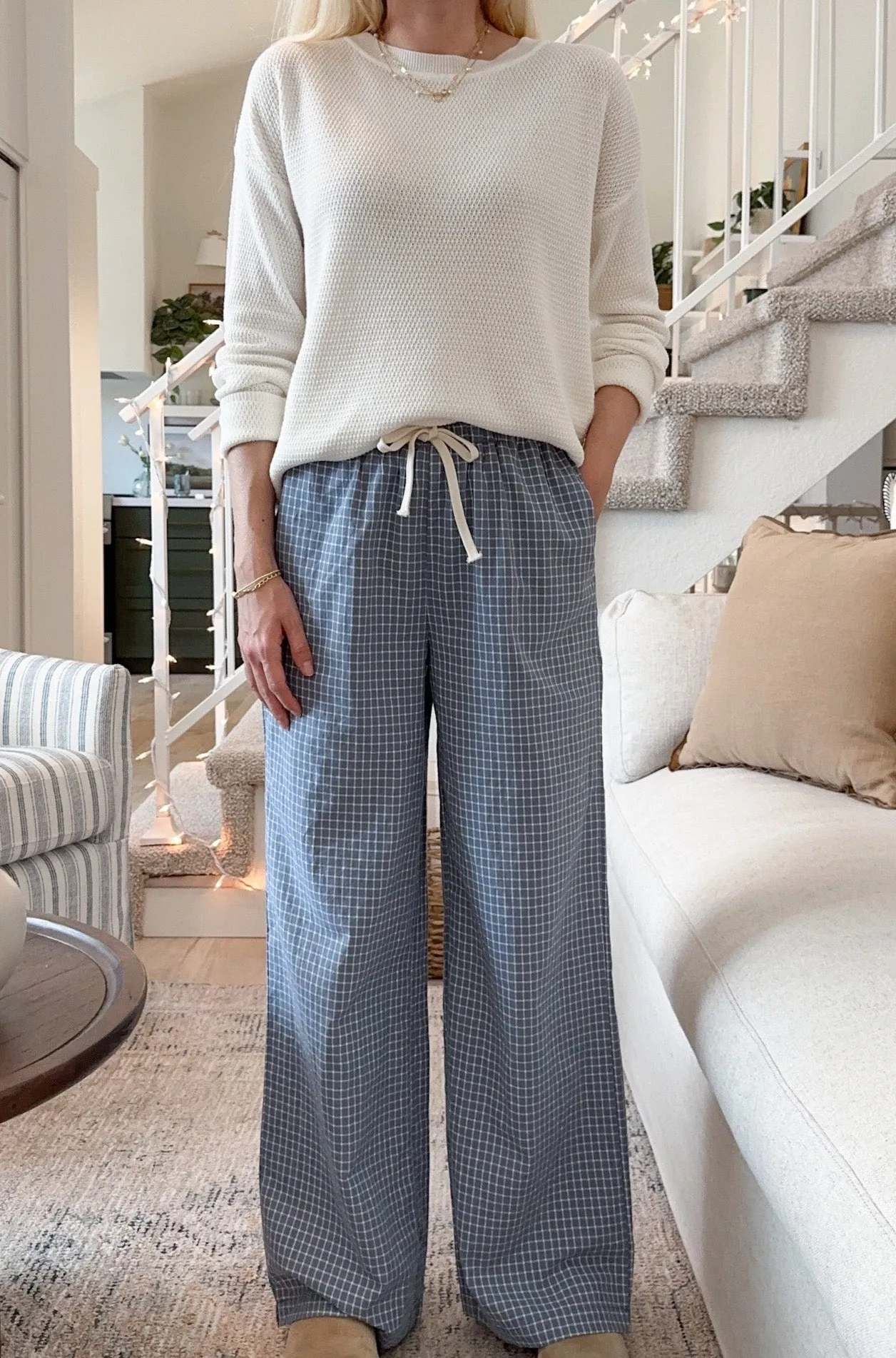 Lets Stay In Drawstring Check Pants in Dusty Blue