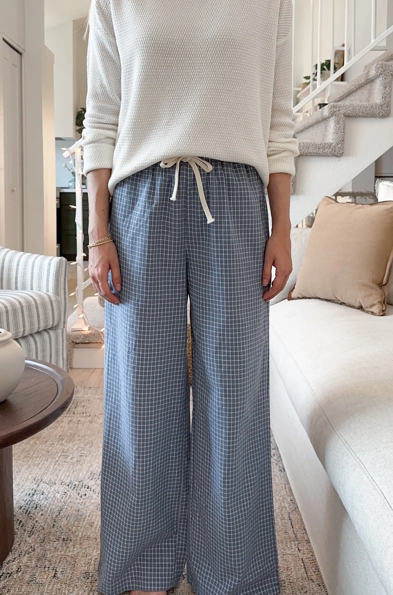 Lets Stay In Drawstring Check Pants in Dusty Blue