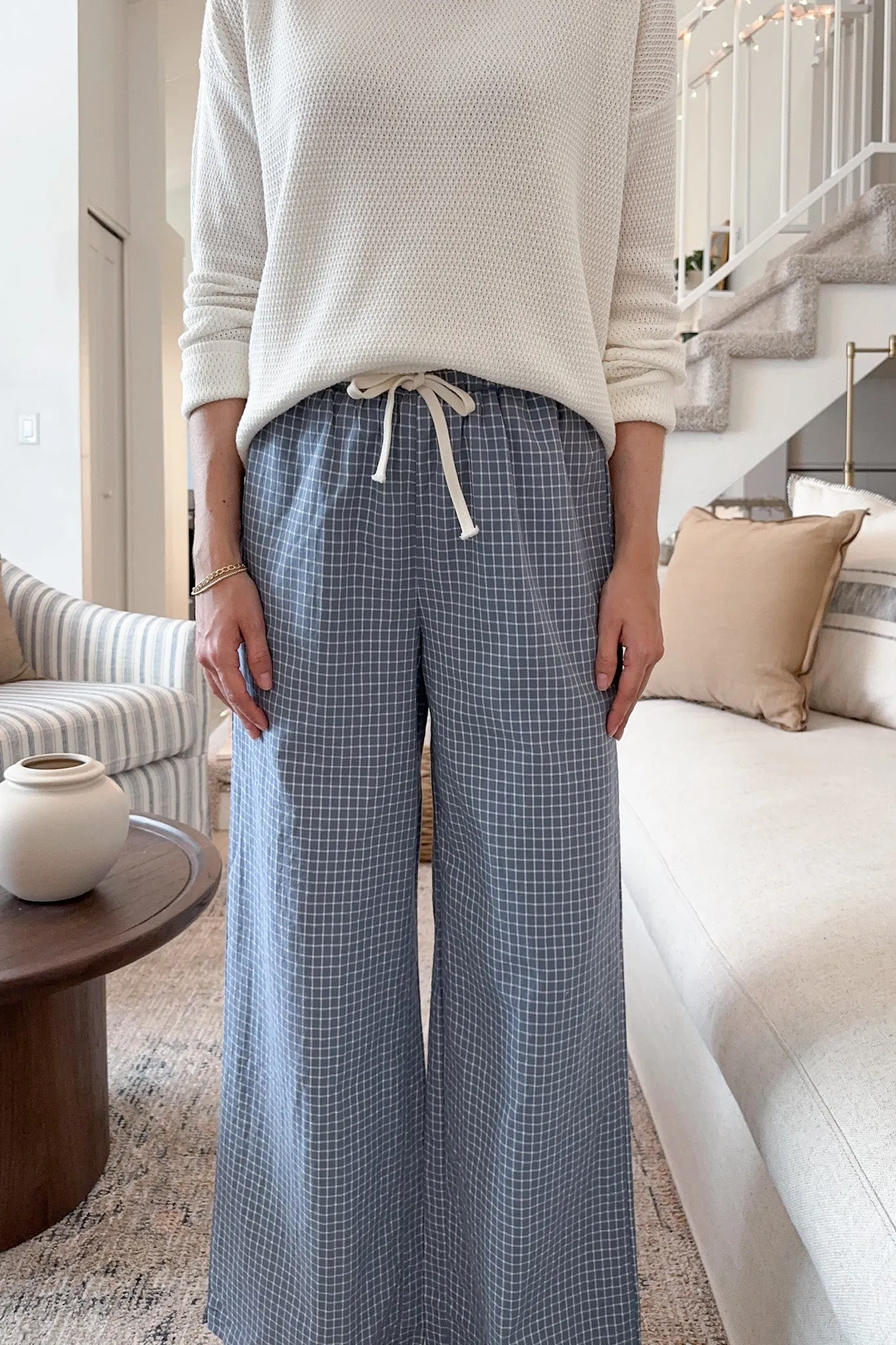 Lets Stay In Drawstring Check Pants in Dusty Blue