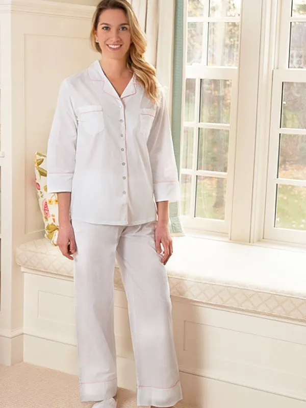 Mary White Cotton Pajamas, Pink Piping
