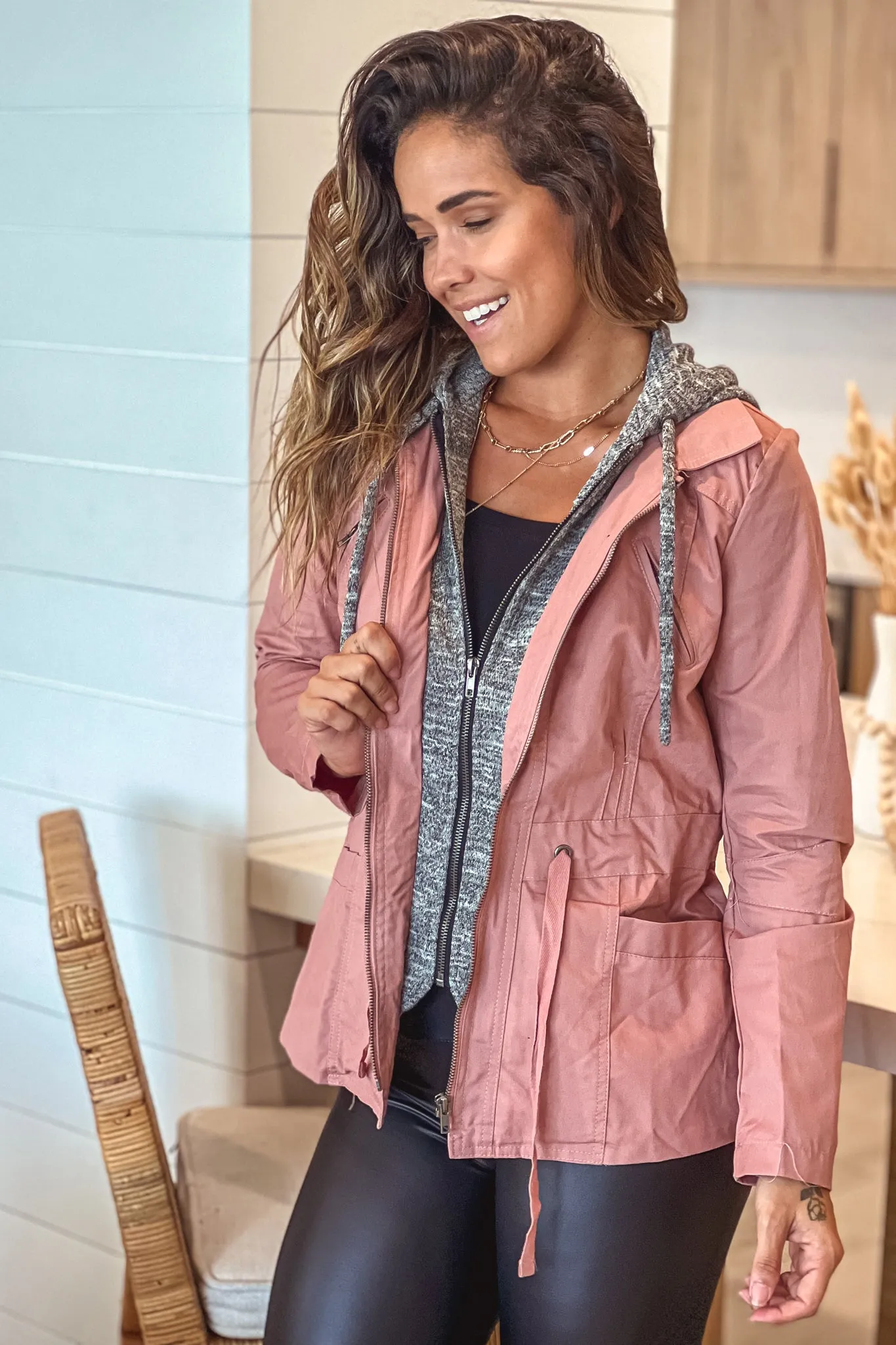 Mauve Jacket with Gray Hood