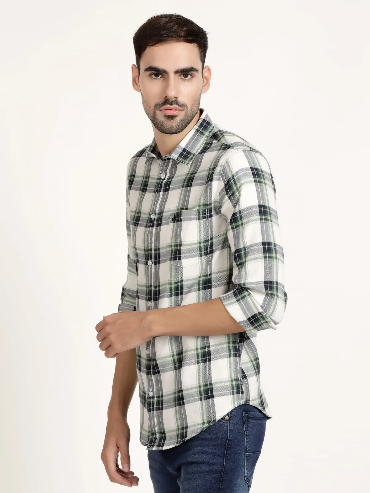 Men White and Green Checked  Formal Shirt (GBRJ6026)
