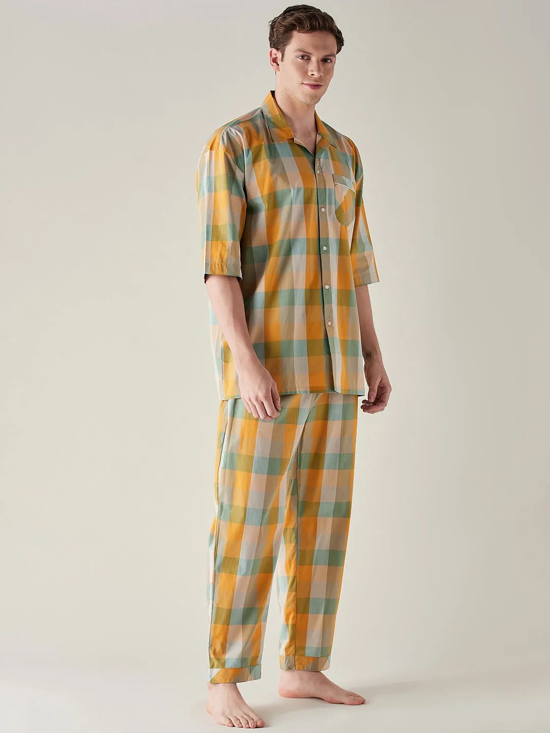 Mens Yellow and Green Checks Cotton Pyjama Set