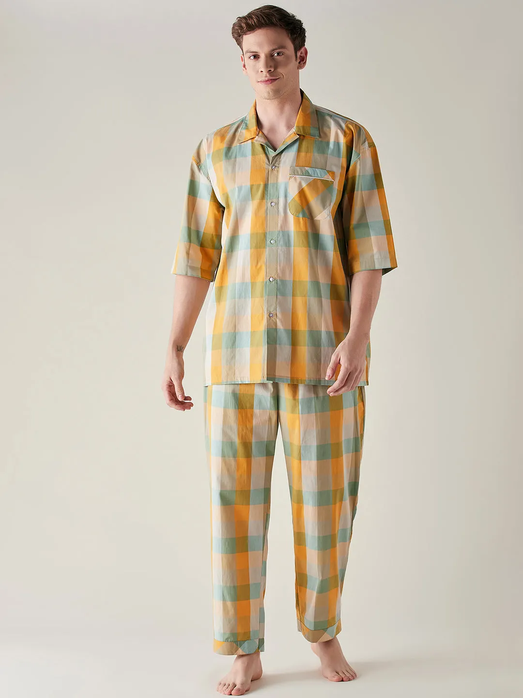 Mens Yellow and Green Checks Cotton Pyjama Set