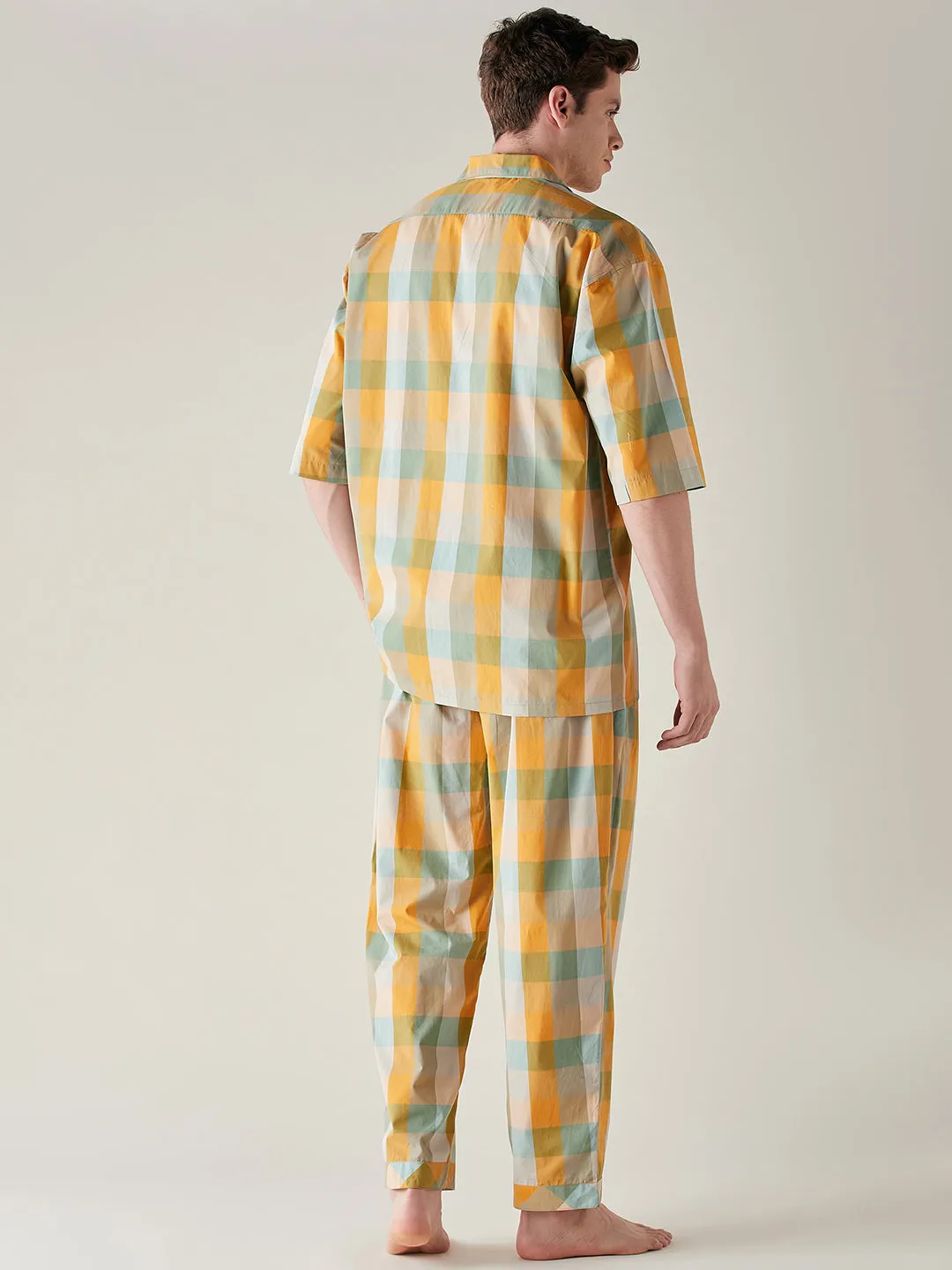 Mens Yellow and Green Checks Cotton Pyjama Set