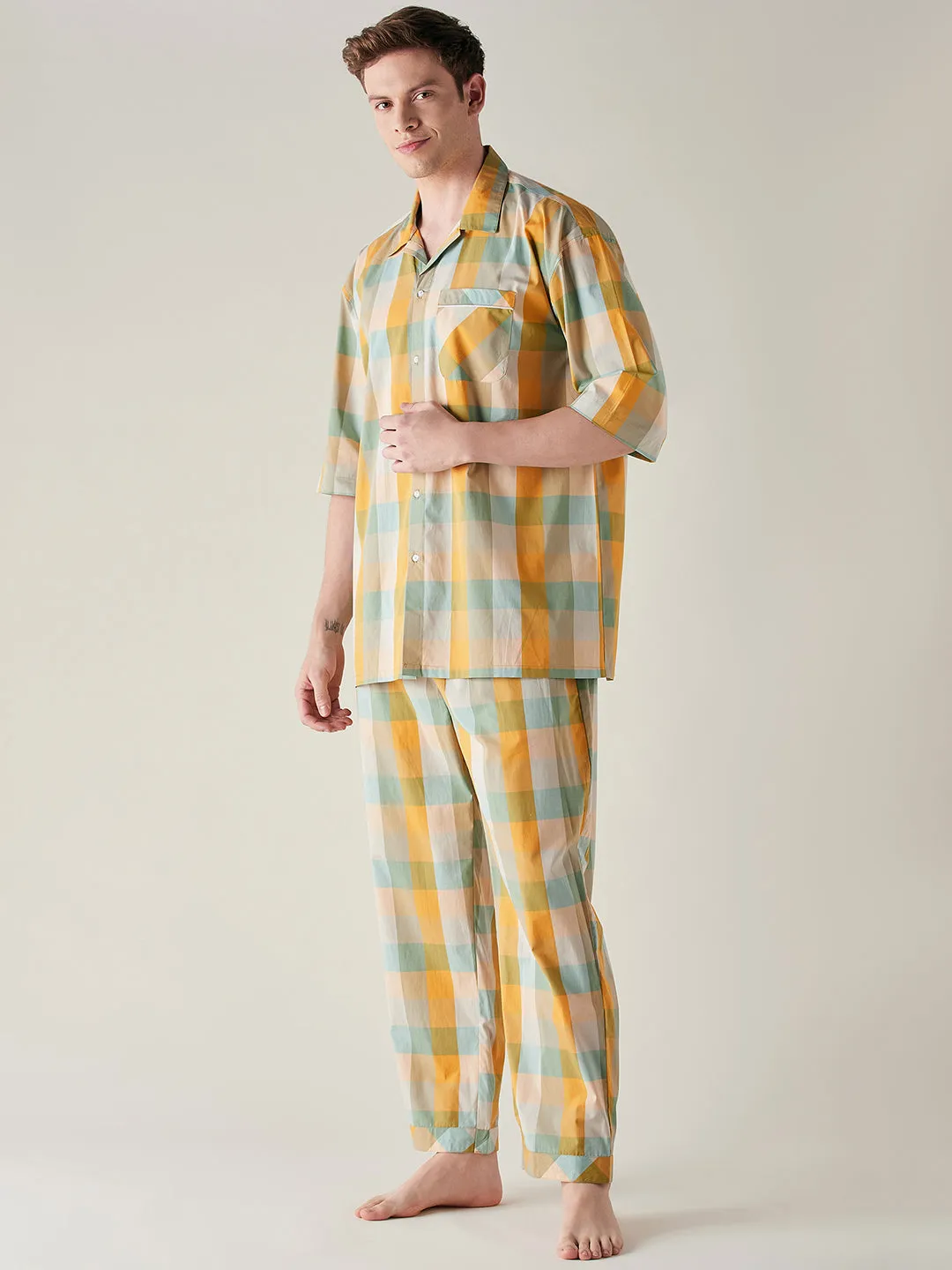 Mens Yellow and Green Checks Cotton Pyjama Set