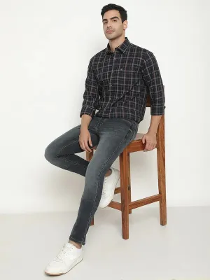 Mettle Men Navy Blue Grid Tattersall Checks Opaque Checked Casual Shirt