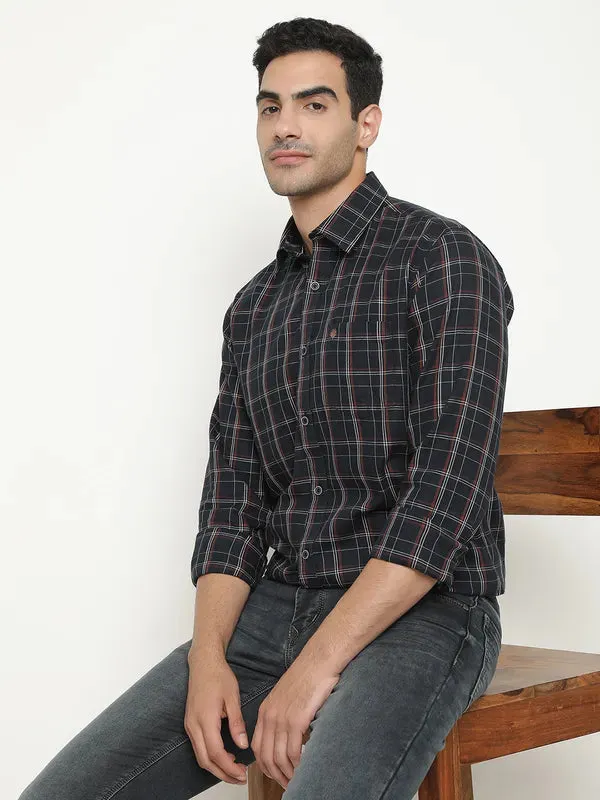 Mettle Men Navy Blue Grid Tattersall Checks Opaque Checked Casual Shirt