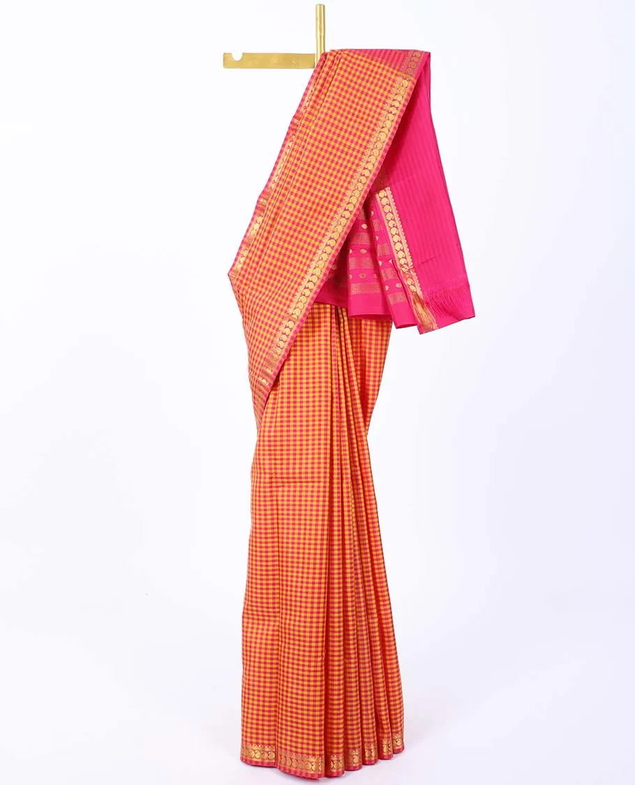 Multi-color checked kancheepuram silk saree, zari border of rekku,neli & manga designs