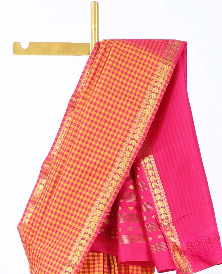 Multi-color checked kancheepuram silk saree, zari border of rekku,neli & manga designs