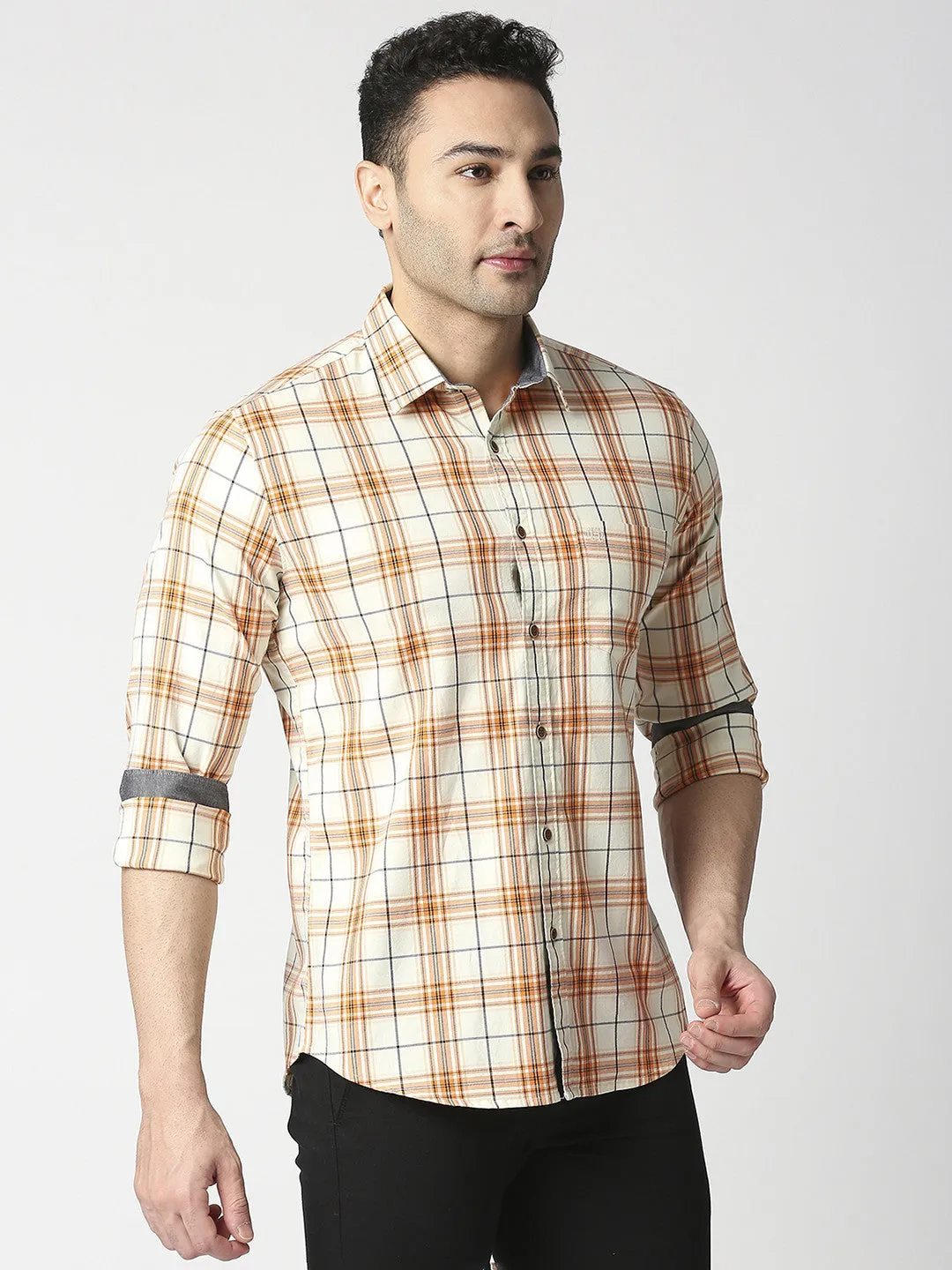 Orange Twill Stretch Checked Shirt With Pocket