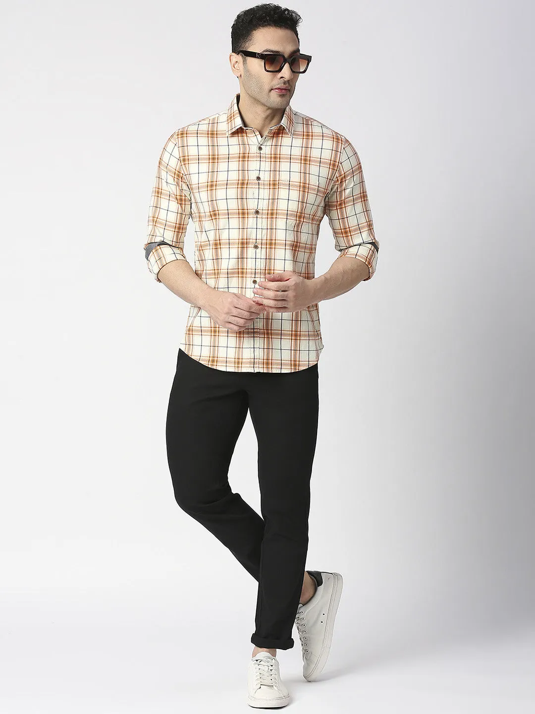 Orange Twill Stretch Checked Shirt With Pocket