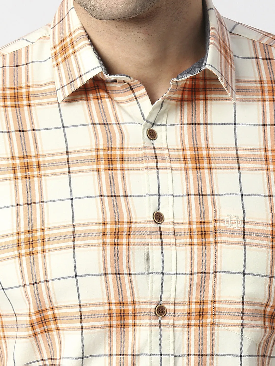 Orange Twill Stretch Checked Shirt With Pocket
