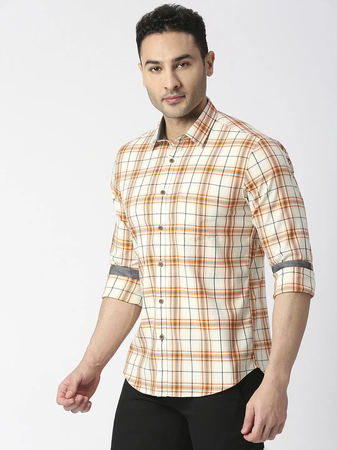 Orange Twill Stretch Checked Shirt With Pocket