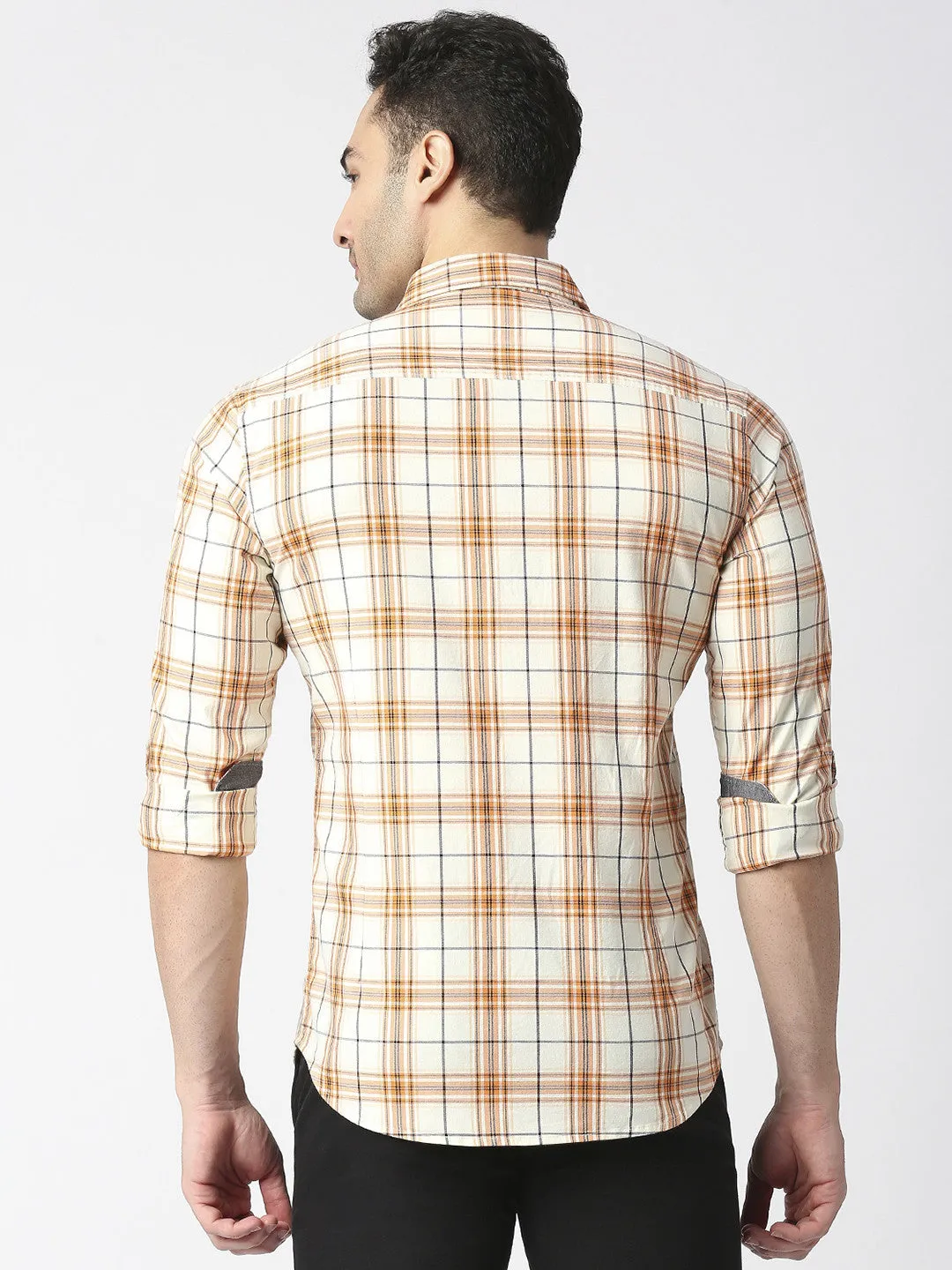 Orange Twill Stretch Checked Shirt With Pocket
