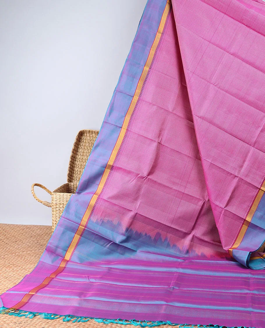 Pink checked design kancheepuram silksaree, contrast zari border of rekku & stripe designs & pallu of stripes