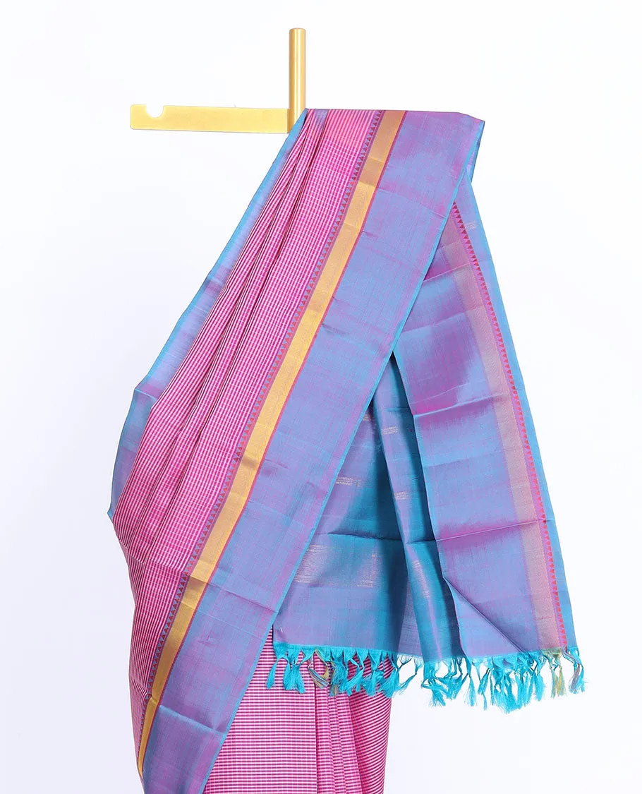 Pink checked design kancheepuram silksaree, contrast zari border of rekku & stripe designs & pallu of stripes