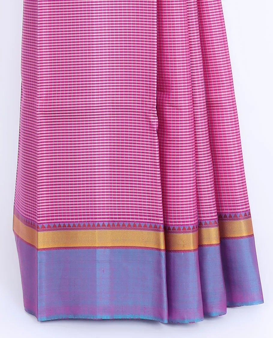 Pink checked design kancheepuram silksaree, contrast zari border of rekku & stripe designs & pallu of stripes