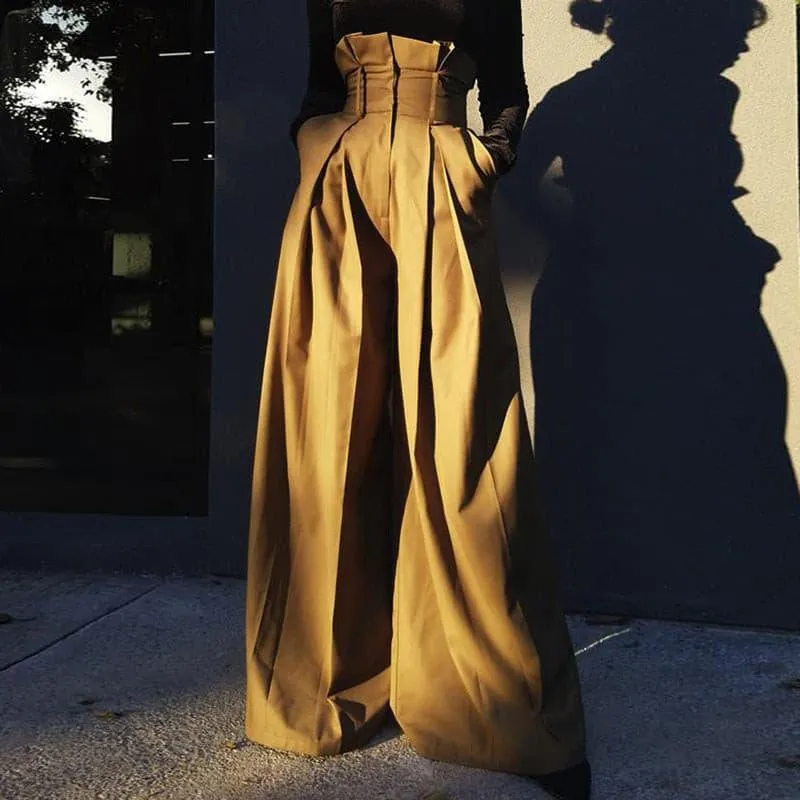 Pleated edge loose long wide leg pants