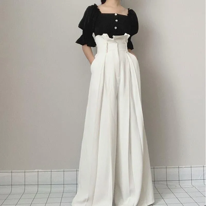 Pleated edge loose long wide leg pants