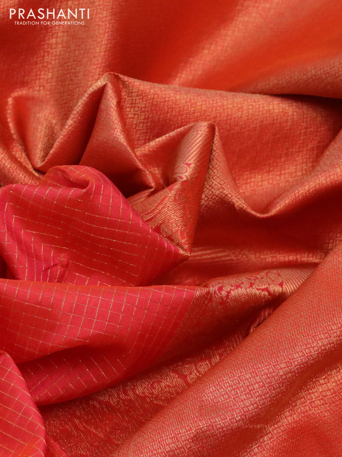 Pure kanchipuram silk saree orange and green with allover small zari checked pattern and zari woven border