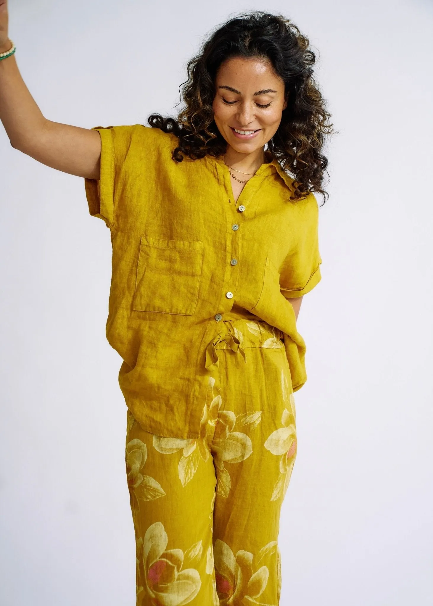 Pure Linen Italian Floral Printed Joggers Deep Yellow