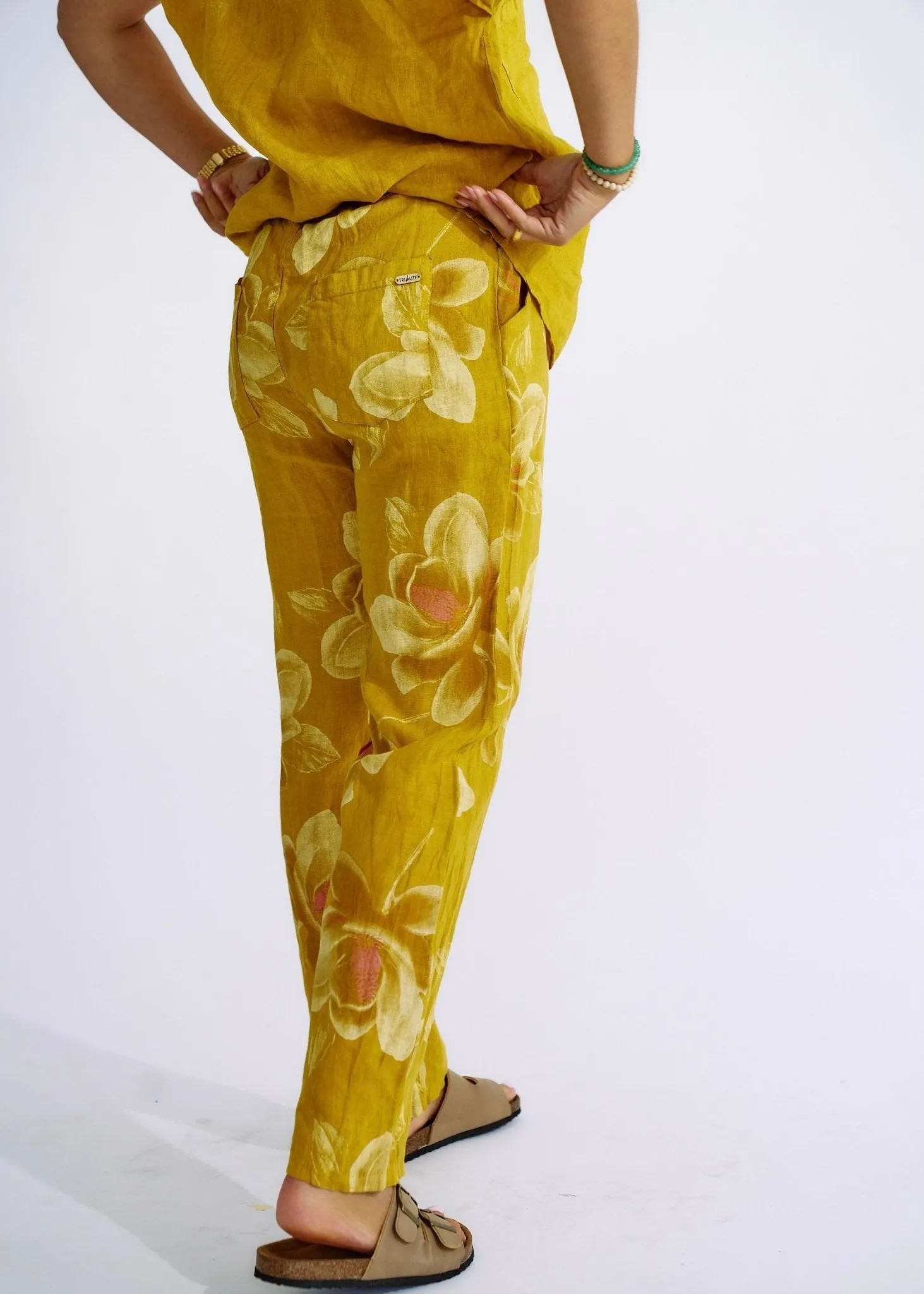 Pure Linen Italian Floral Printed Joggers Deep Yellow