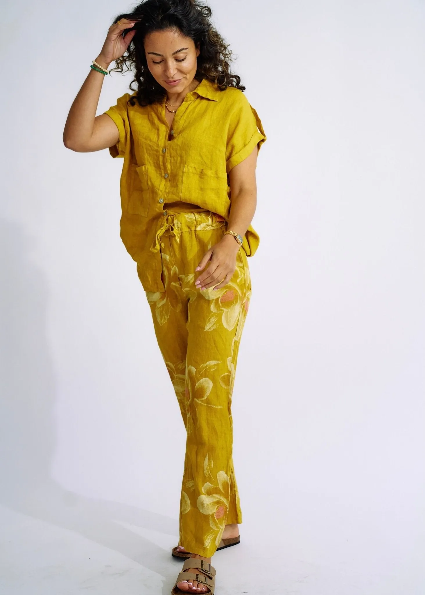 Pure Linen Italian Floral Printed Joggers Deep Yellow