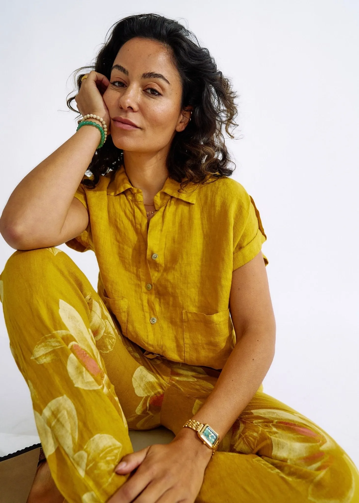 Pure Linen Italian Floral Printed Joggers Deep Yellow
