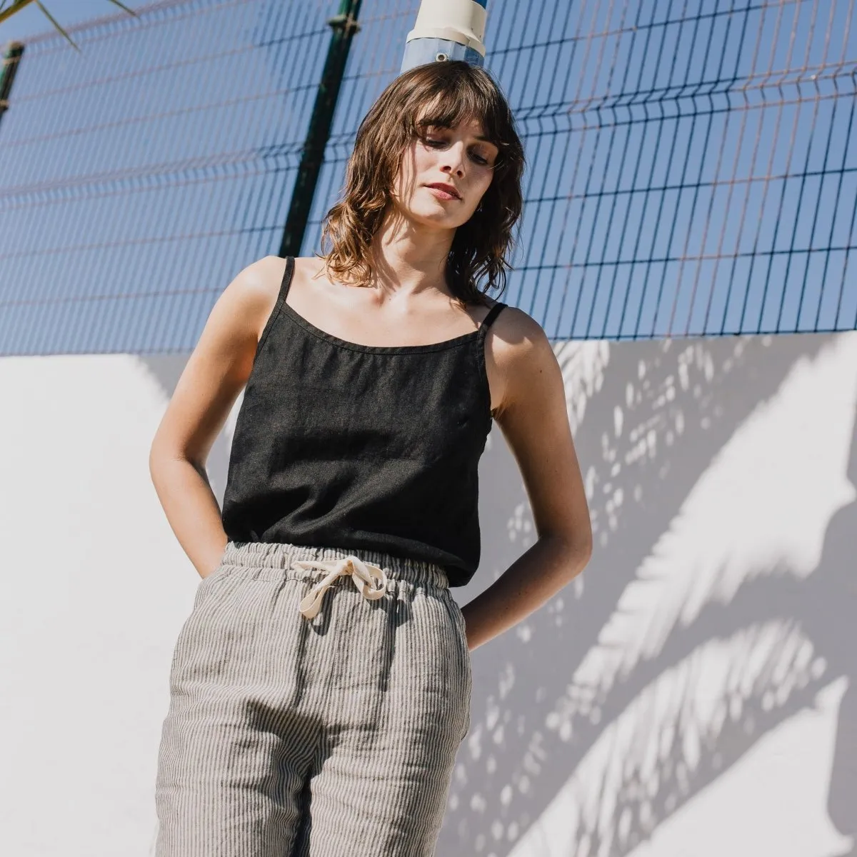 R: ATHENS drawstring linen pants (Size: S; Color: Night Garden)