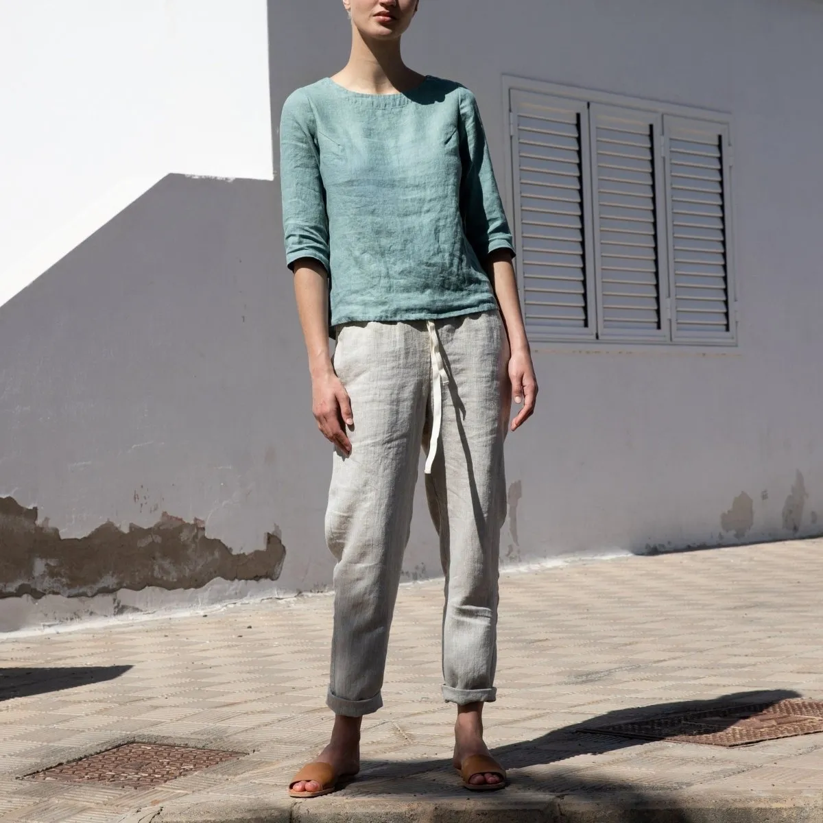 R: ATHENS drawstring linen pants (Size: S; Color: Night Garden)
