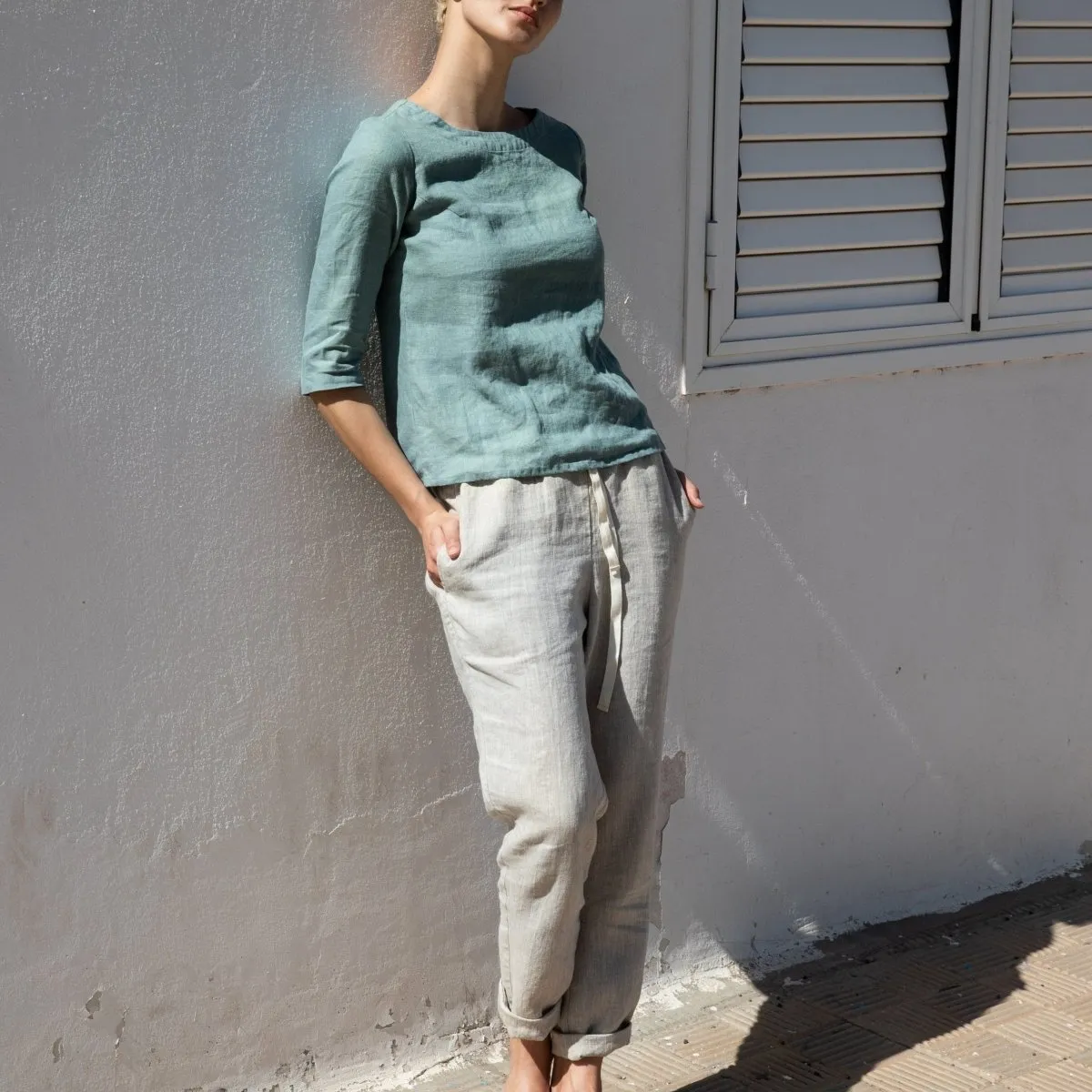 R: ATHENS drawstring linen pants (Size: S; Color: Night Garden)
