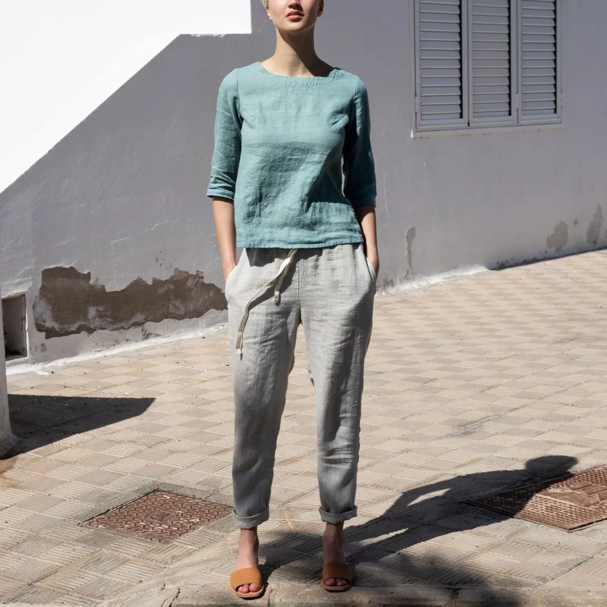 R: ATHENS drawstring linen pants (Size: S; Color: Night Garden)