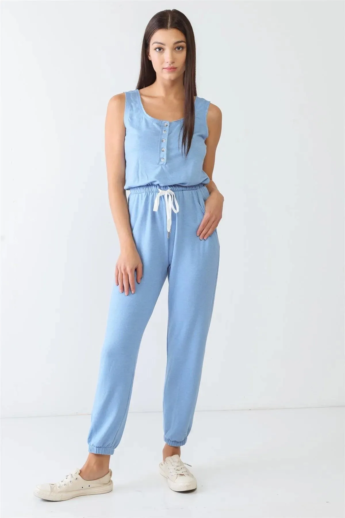 Round Neck Sleeveless Button-Up Pocket Jumpsuit