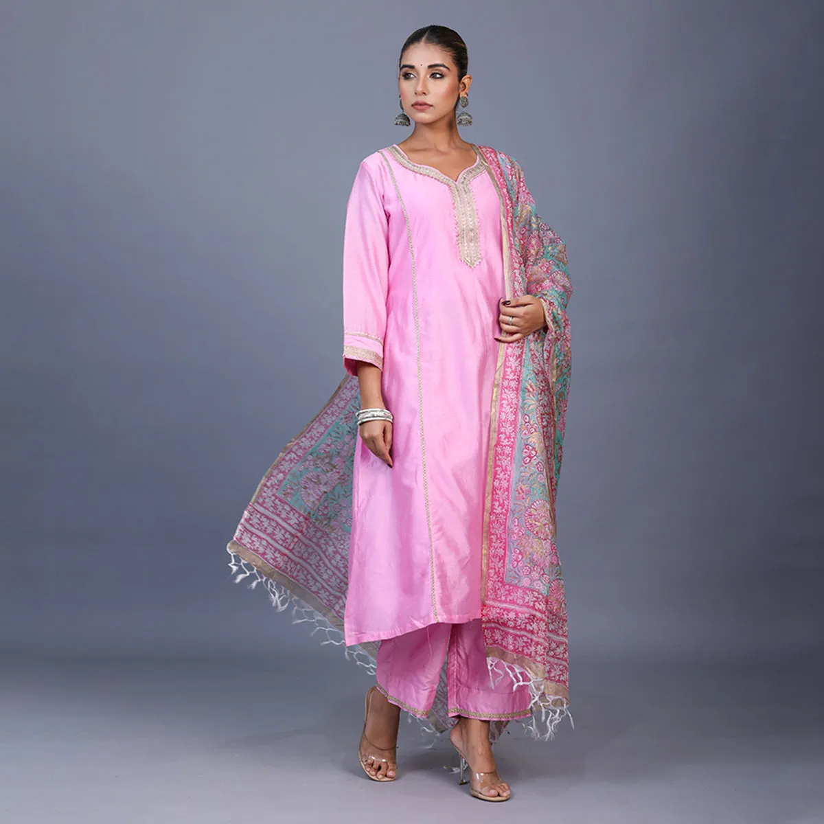Silk Kurta Set For Women | Kurta, Pant & Dupatta | Printed | Pink